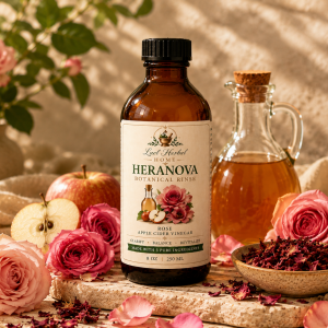 Heranova Rose Hair Rinse in an 8 oz amber glass bottle surrounded by organic rose petals, roses, and apple cider vinegar ingredients.