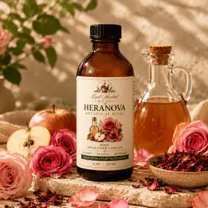 Products Heranova Rose Hair Rinse in an 8 oz amber glass bottle surrounded by organic rose petals, roses, and apple cider vinegar ingredients.