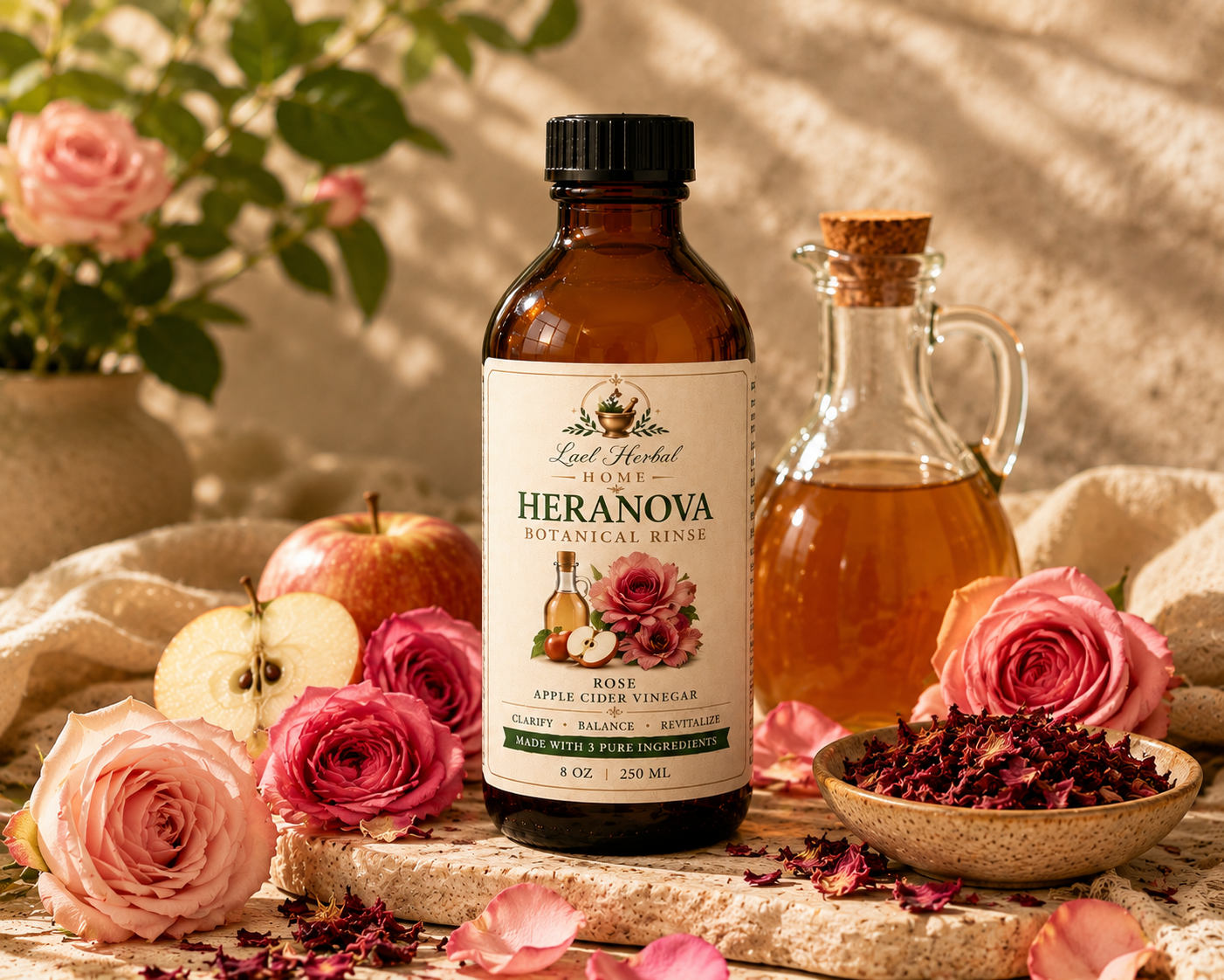 heranova botanical hair rinse – rose Heranova Rose Hair Rinse in an 8 oz amber glass bottle surrounded by organic rose petals, roses, and apple cider vinegar ingredients.