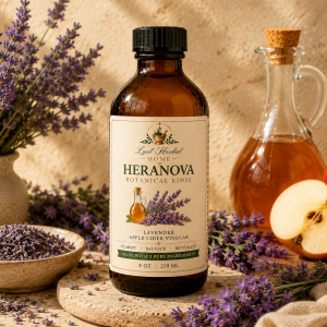 Heranova Lavender Hair Rinse in an 8 oz amber glass bottle with organic lavender flowers, apple cider vinegar, and botanical hair care ingredients.