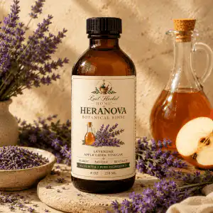 Products Heranova Lavender Hair Rinse in an 8 oz amber glass bottle with organic lavender flowers, apple cider vinegar, and botanical hair care ingredients.