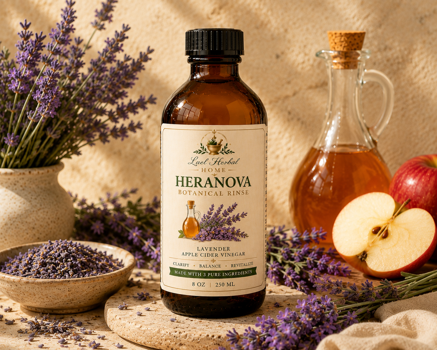 lavender hair rinse | heranova Heranova Lavender Hair Rinse in an 8 oz amber glass bottle with organic lavender flowers, apple cider vinegar, and botanical hair care ingredients.
