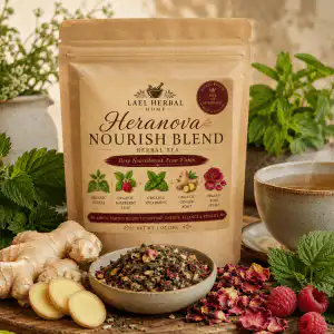 Products Heranova Nourish Blend herbal tea with organic nettle raspberry leaf spearmint ginger root and rose petals