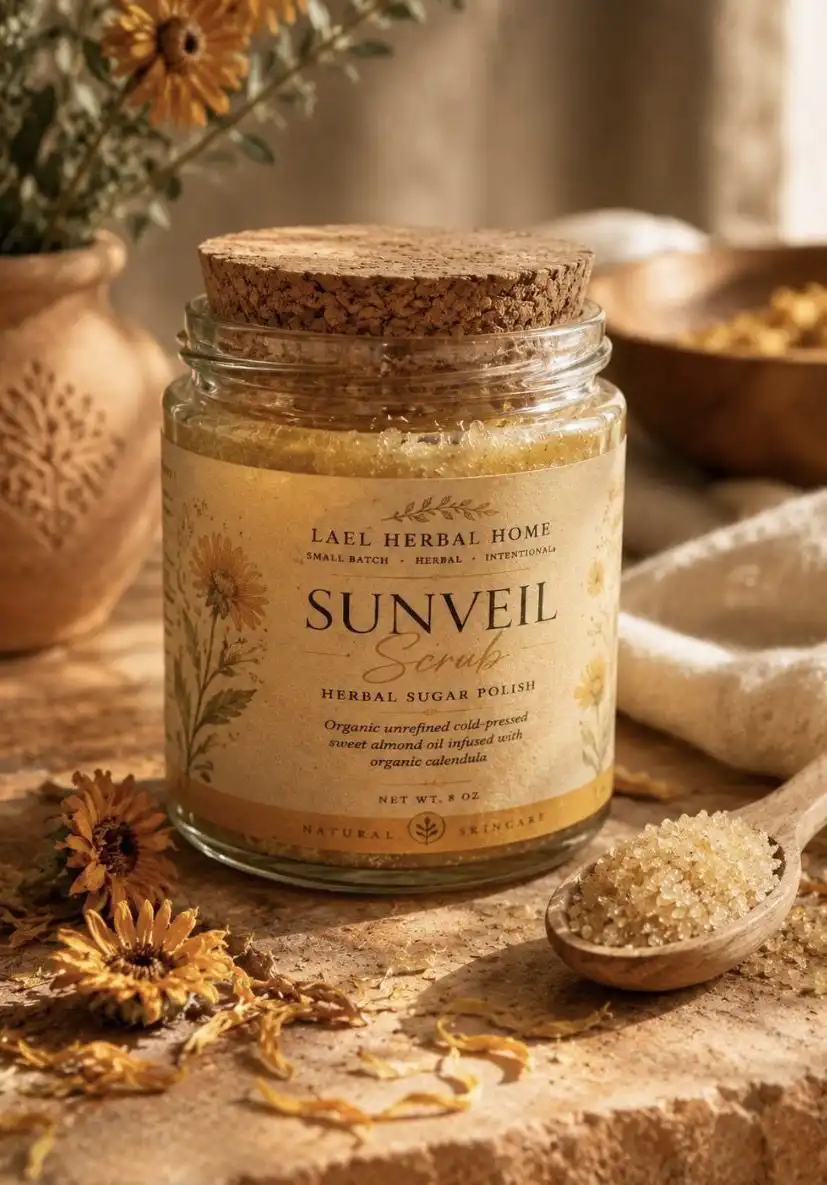 sunveil herbal sugar polish | lael herbal home Organic sugar and calendula-infused sweet almond oil come together in this handcrafted herbal sugar polish designed to gently exfoliate and leave skin feeling soft, smooth, and refreshed.