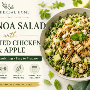 Quinoa Salad with Roasted Chicken & Apple recipe guide featuring a wholesome high-protein salad with quinoa, roasted chicken, green apple, arugula, and tahini dressing.
