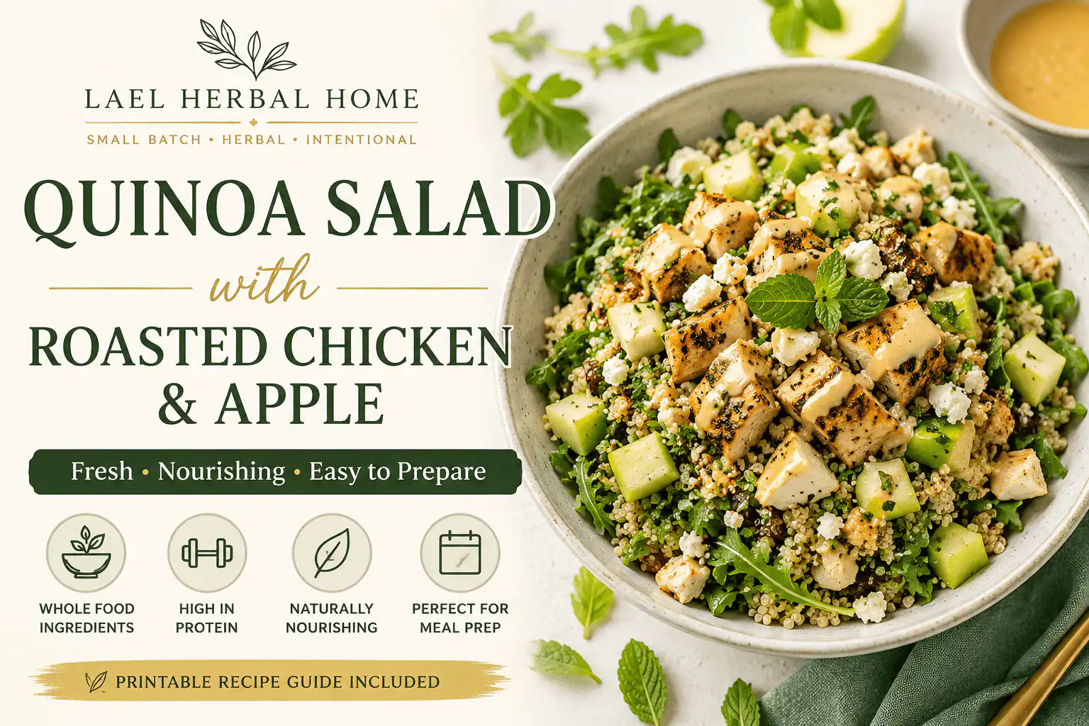 Resources Quinoa Salad with Roasted Chicken & Apple recipe guide featuring a wholesome high-protein salad with quinoa, roasted chicken, green apple, arugula, and tahini dressing.