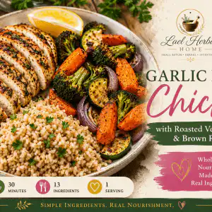 garlic herb chicken with roasted vegetables & brown rice