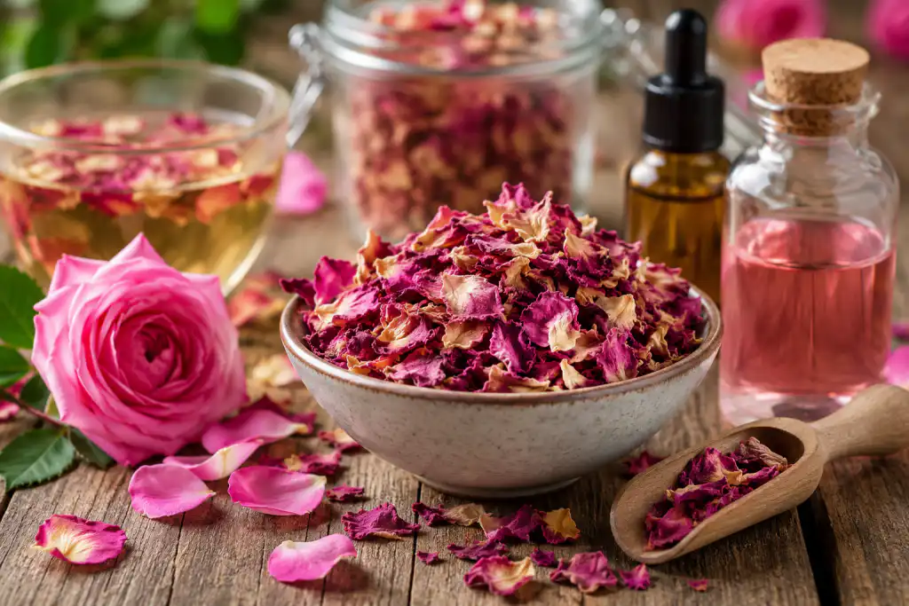 Rose Petals: More Than Just a Beautiful Flower Dried rose petals with fresh pink roses, rose-infused oil, and herbal tea displayed on a rustic wooden table