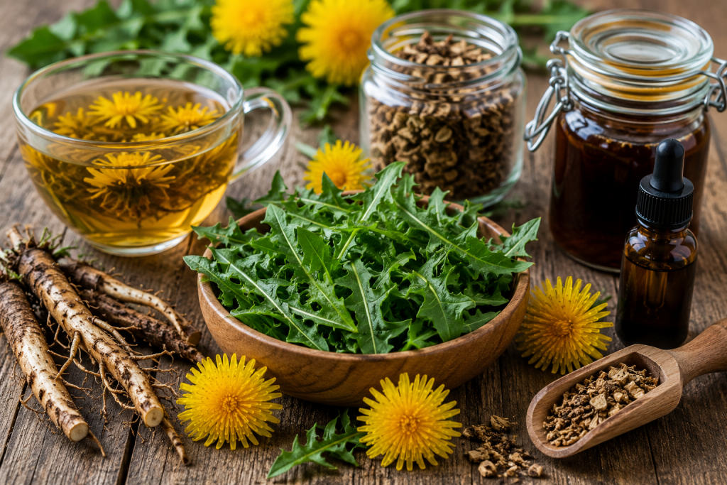 Dandelion: The Weed That Earned Respect Fresh dandelion leaves, flowers, roots, herbal tea, and botanical preparations displayed on a rustic wooden table