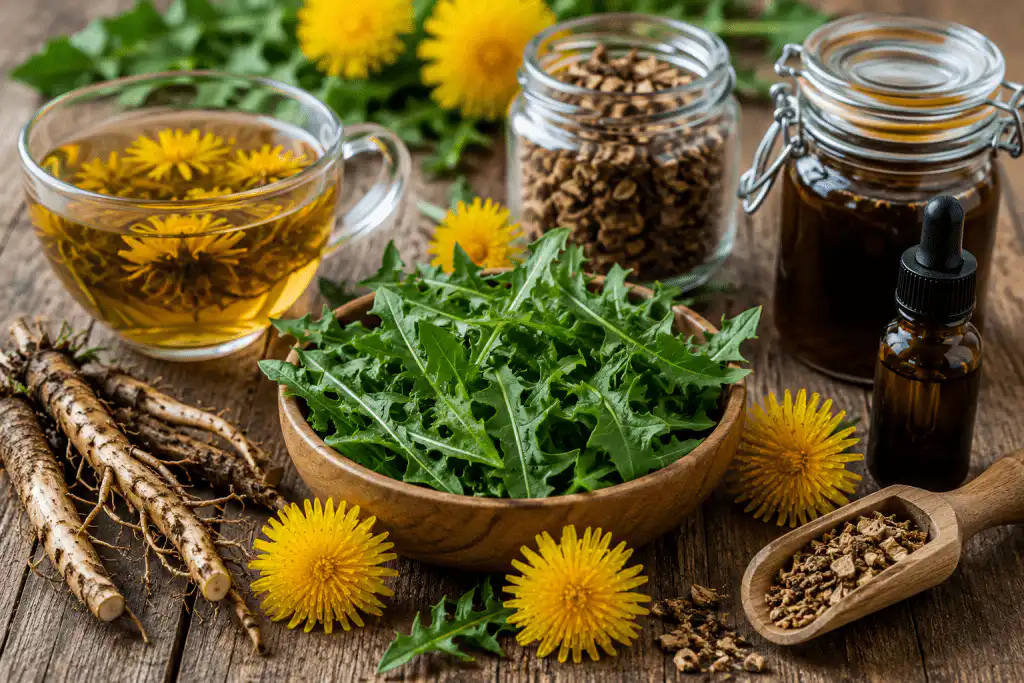 Dandelion: The Weed That Earned Respect Fresh dandelion leaves, flowers, roots, herbal tea, and botanical preparations displayed on a rustic wooden table