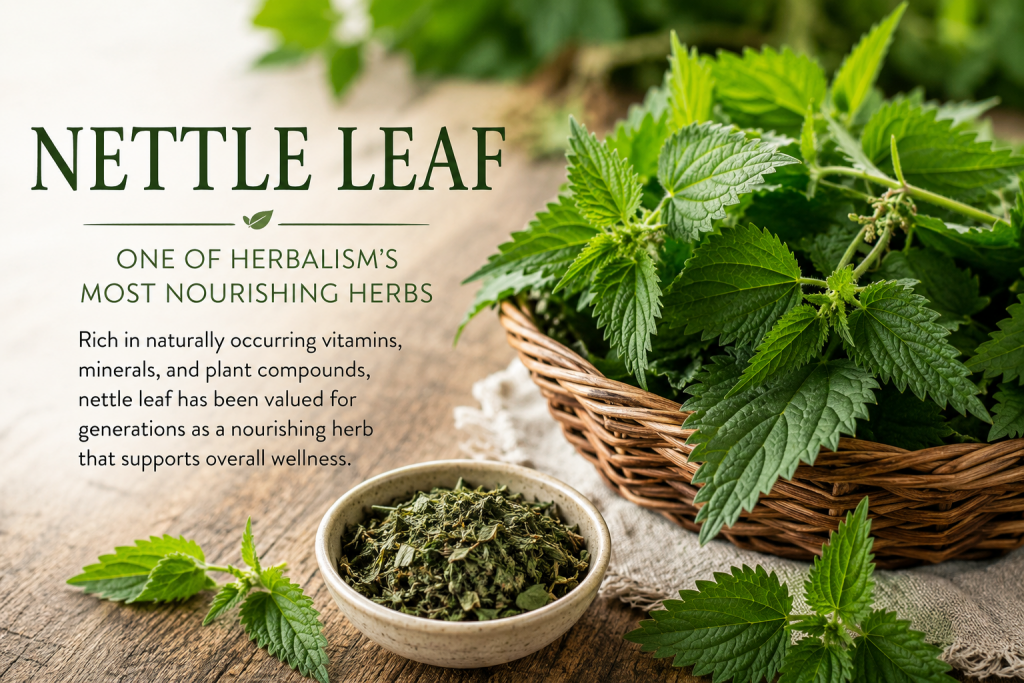 Fresh nettle leaf and dried nettle herb displayed on a rustic wooden table