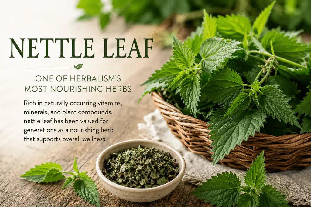 Nettle Leaf: One of Herbalism’s Most Nourishing Plants Fresh nettle leaf and dried nettle herb displayed on a rustic wooden table