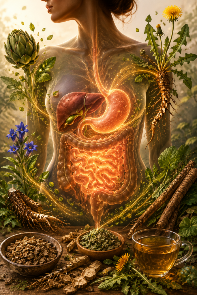 Glowing digestive system surrounded by dandelion root, burdock root, artichoke, and other bitter herbs traditionally used to support healthy digestion.