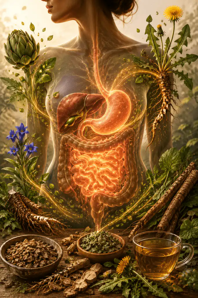 Why Bitters Matter for Digestion: The Forgotten Flavor Glowing digestive system surrounded by dandelion root, burdock root, artichoke, and other bitter herbs traditionally used to support healthy digestion.