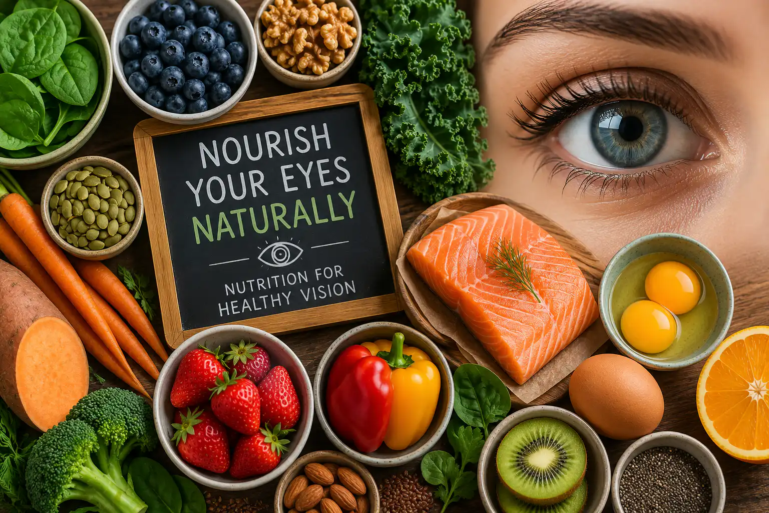 Eye health nutrition foods including salmon, eggs, leafy greens, berries, nuts, seeds, and a healthy eye