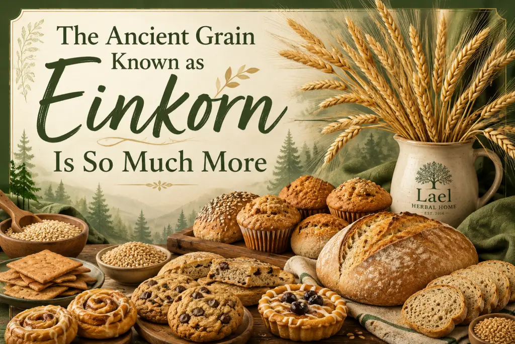 Assorted einkorn baked goods including artisan bread, muffins, cookies, crackers, and pastries made with ancient einkorn grain