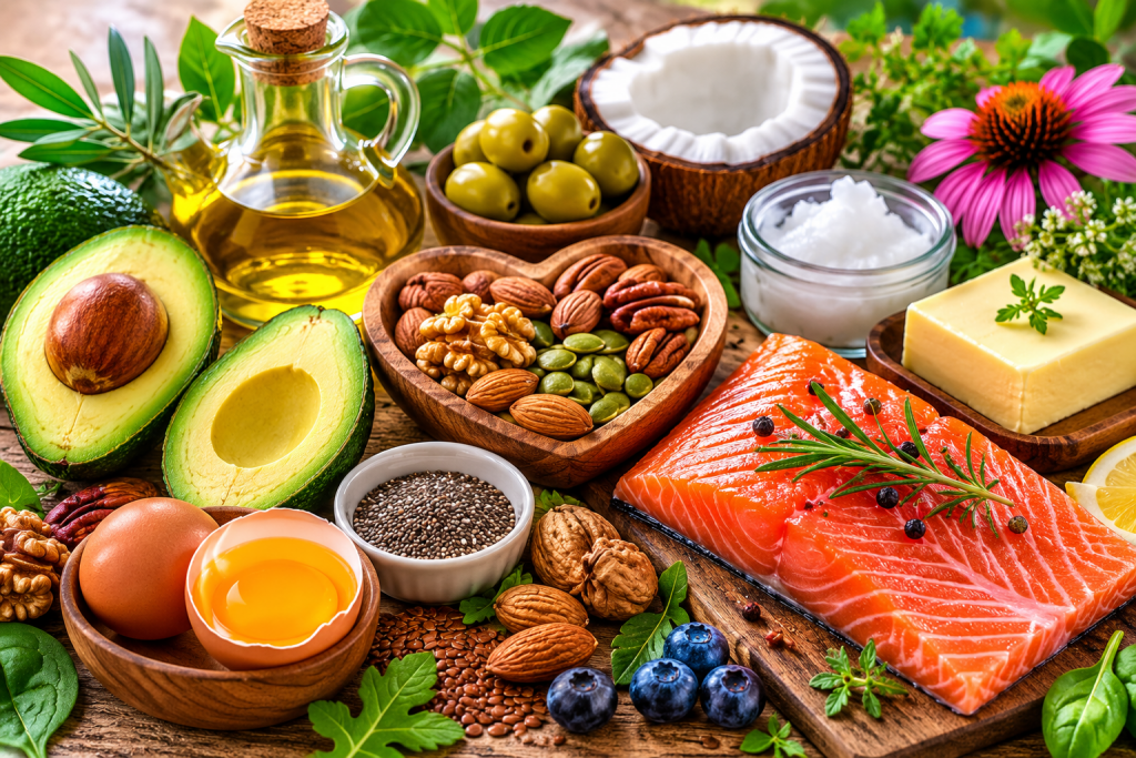Why Your Body Needs Healthy Fats Healthy fats including avocado, salmon, olive oil, nuts, seeds, egg yolks, coconut, and grass-fed butter supporting brain and hormone health.