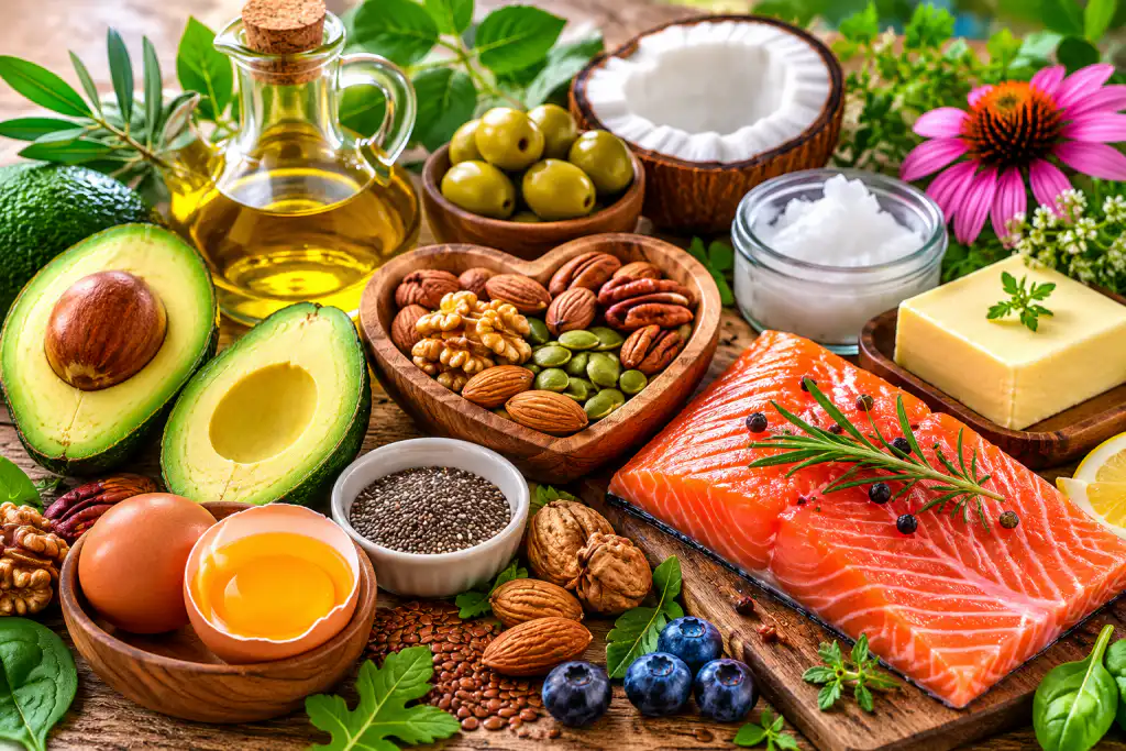 Healthy fats including avocado, salmon, olive oil, nuts, seeds, egg yolks, coconut, and grass-fed butter supporting brain and hormone health.