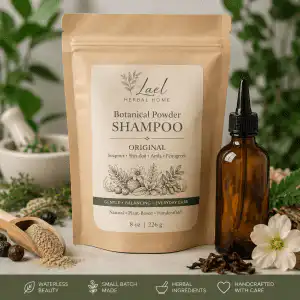 Products Lael Herbal Home Botanical Powder Shampoo Refill Kit – Original featuring an 8 oz kraft refill pouch and reusable amber applicator bottle. Made with soapnut, shikakai, amla, and fenugreek. Displayed with botanical ingredients and natural apothecary styling.