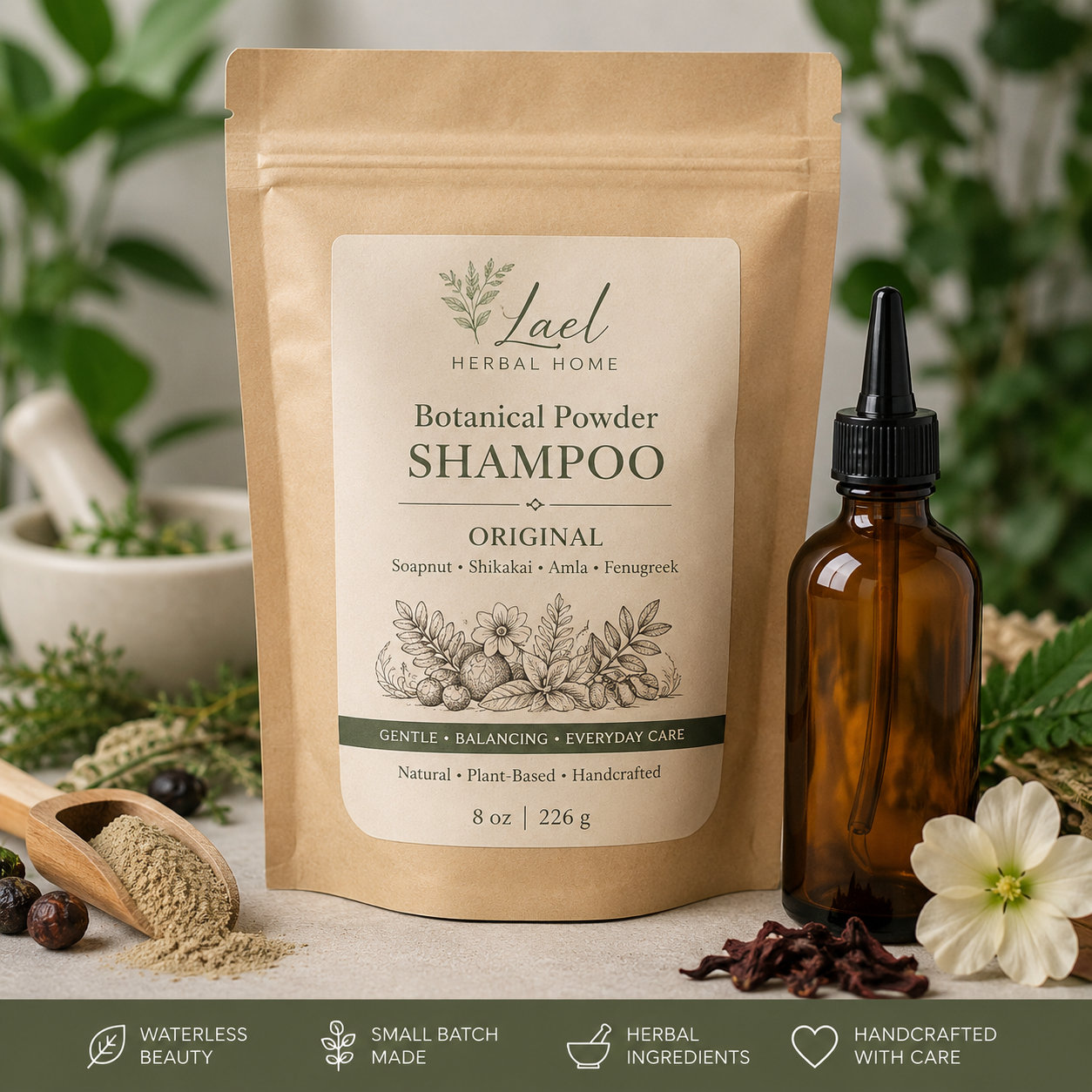 Botanical Powder Shampoo Refill Kit Original 8 oz Lael Herbal Home Botanical Powder Shampoo Refill Kit – Original featuring an 8 oz kraft refill pouch and reusable amber applicator bottle. Made with soapnut, shikakai, amla, and fenugreek. Displayed with botanical ingredients and natural apothecary styling.