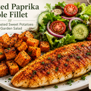 smoked paprika sole fillet with roasted sweet potatoes & garden salad