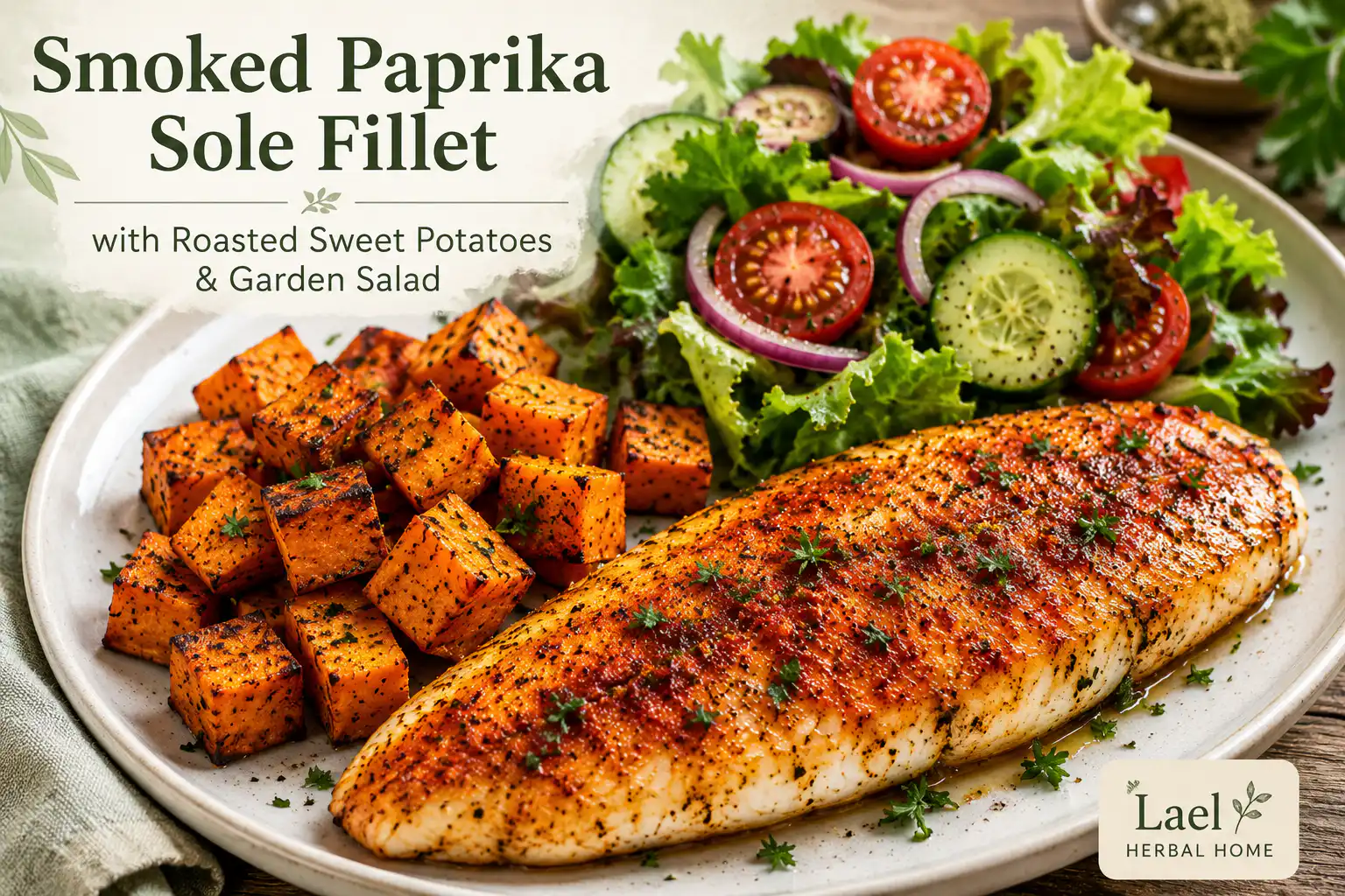 Resources smoked paprika sole fillet with roasted sweet potatoes & garden salad