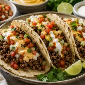 Homemade einkorn beef tacos topped with fresh garden salsa and wholesome ingredients