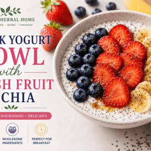 Greek Yogurt Bowl with Fresh Fruit & Chia recipe guide featuring Greek yogurt, strawberries, blueberries, banana, chia seeds, honey, and Ceylon cinnamon.