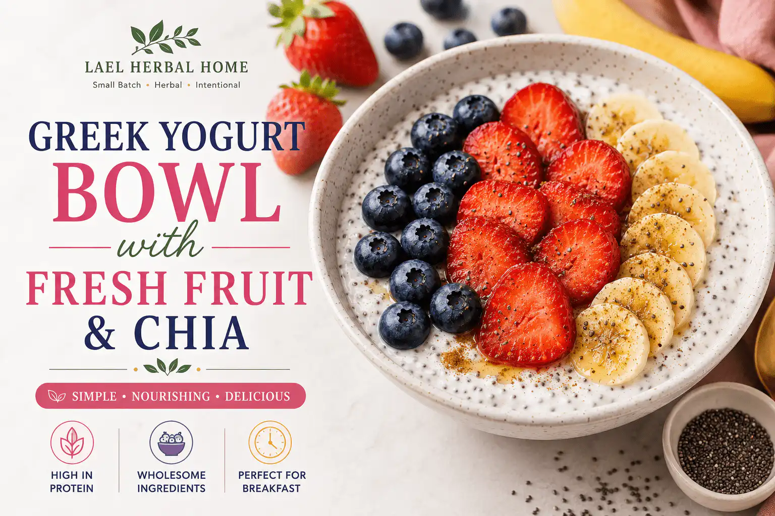 Resources Greek Yogurt Bowl with Fresh Fruit & Chia recipe guide featuring Greek yogurt, strawberries, blueberries, banana, chia seeds, honey, and Ceylon cinnamon.