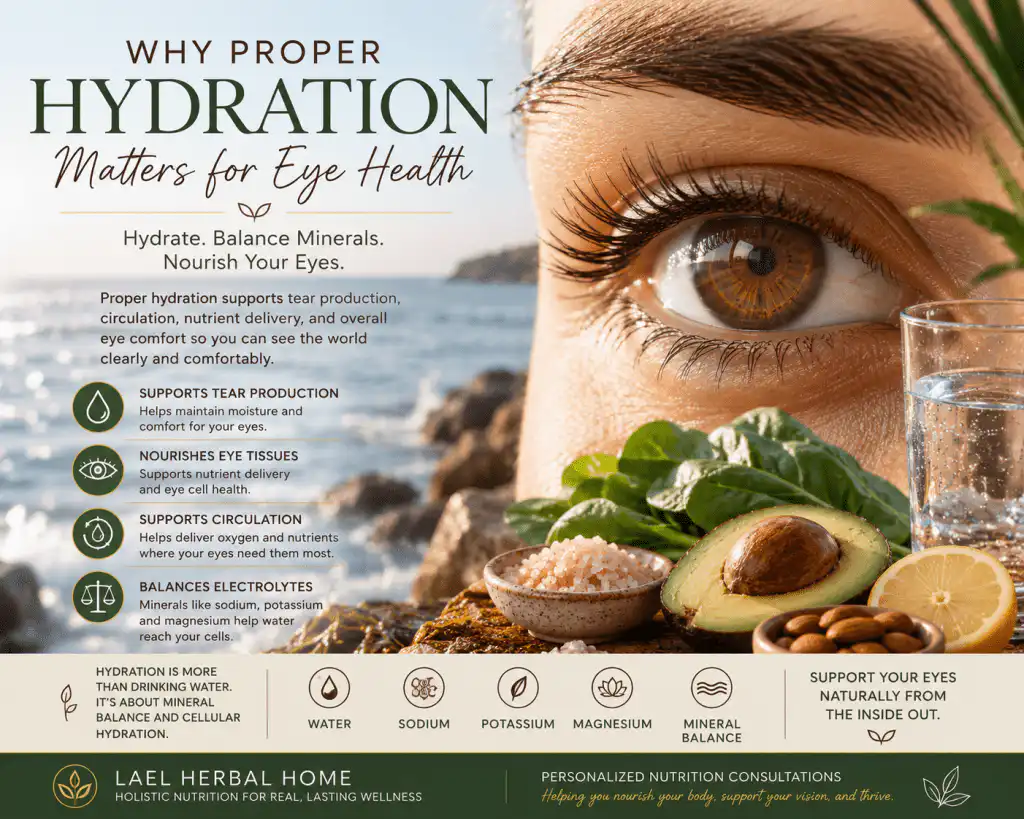 Hydration for eye health with mineral-rich foods, water, and a brown eye overlooking the ocean