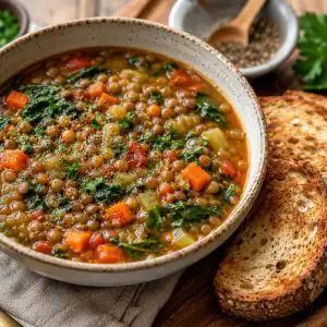 sprouted lentil vegetable soup with fermented vegetables