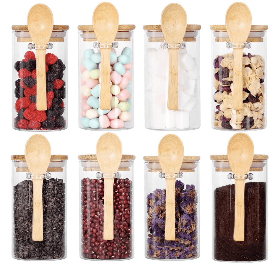 Products 8-Pack Glass Tea Storage Jars with Bamboo Lids & Wooden Spoons (10 oz)