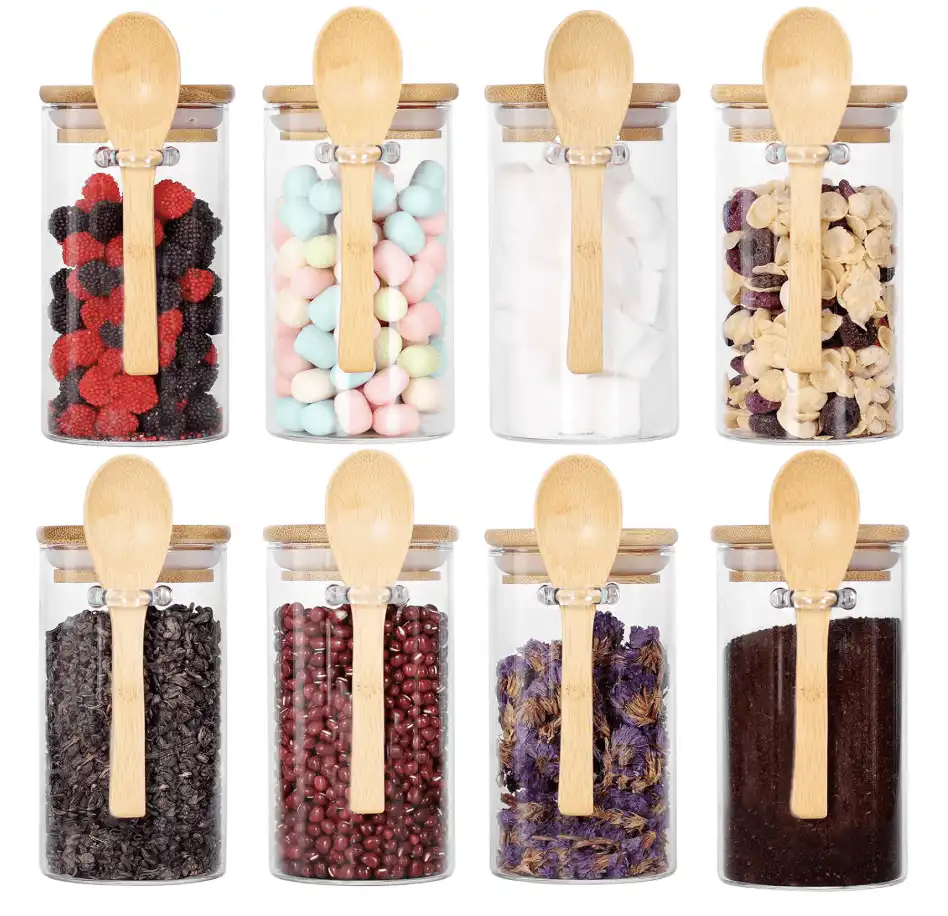 Products 8-Pack Glass Tea Storage Jars with Bamboo Lids & Wooden Spoons (10 oz)