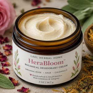 HeraBloom Botanical Deodorant Cream in amber glass jar