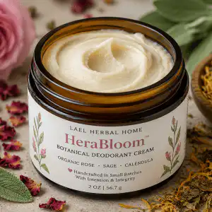 Products HeraBloom Botanical Deodorant Cream in amber glass jar