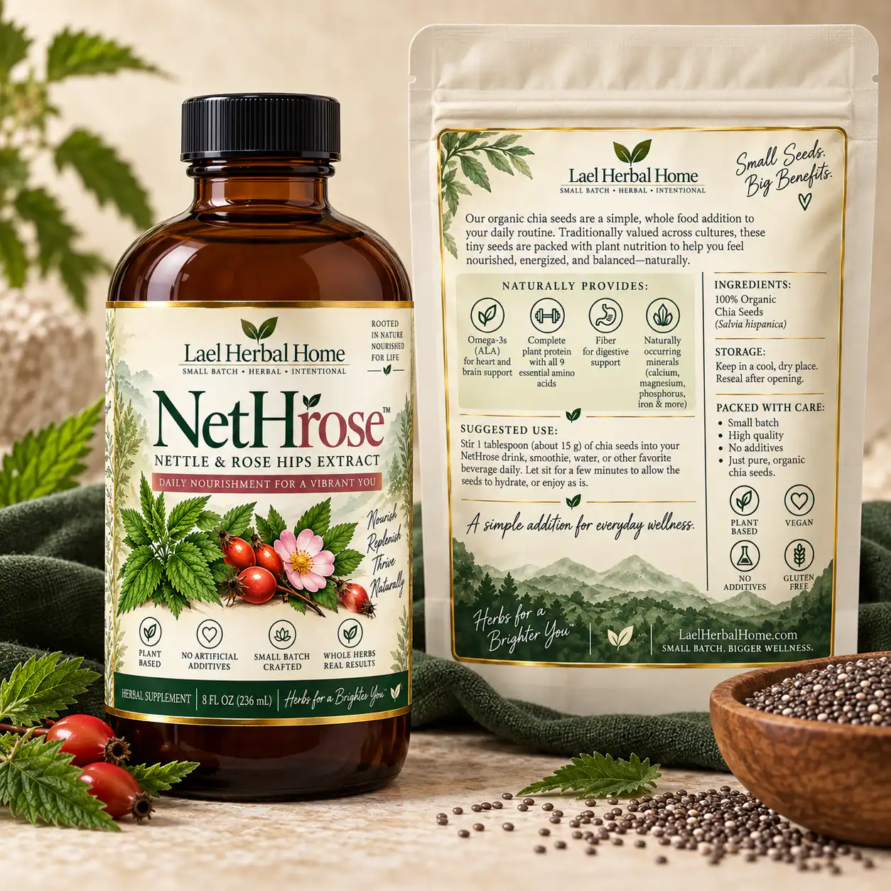 NetHrose + Organic Chia Seeds Set — Alternate View NetHrose™ 8 fl oz bottle beside the back of the separate organic chia seed pouch, showing the approved Lael Herbal Home labels.