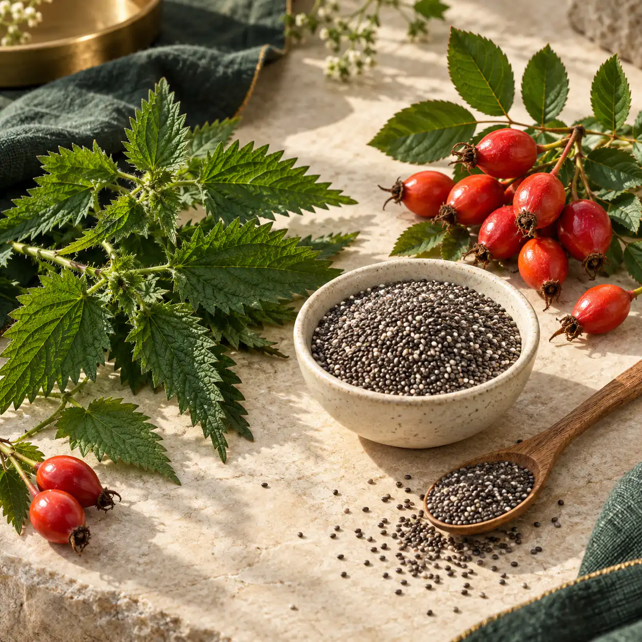 NetHrose Set — Nettle, Rose Hips and Chia Nettle leaves, rose hips, and chia seeds, the botanical ingredients paired in the NetHrose™ set.