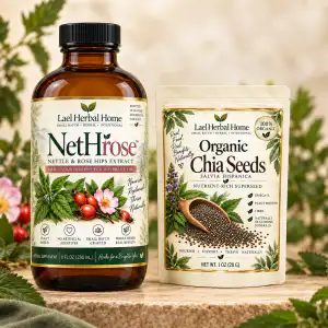 NetHrose™ 8 fl oz bottle and separate 1 oz (28 g) organic chia seed pouch, sold together as one Lael Herbal Home set.