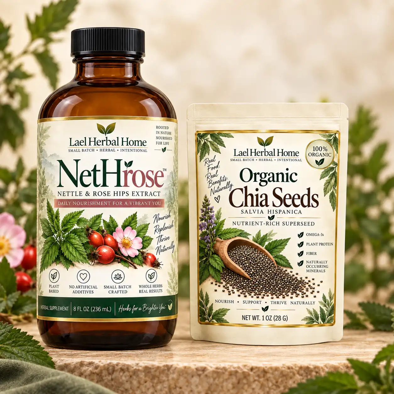NetHrose + Organic Chia Seeds Set — 8 fl oz Bottle and 1 oz Chia NetHrose™ 8 fl oz bottle and separate 1 oz (28 g) organic chia seed pouch, sold together as one Lael Herbal Home set.