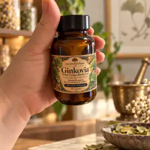 Ginkovia™ approved product photograph 1: whole organic Ginkgo biloba leaf capsules in amber glass bottle