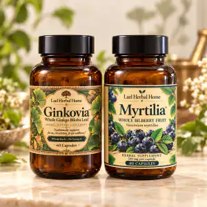 The Botanical Eye & Circulation Duo by Lael Herbal Home: Ginkovia whole ginkgo leaf and Myrtilia whole bilberry fruit, two amber bottles with black caps, 60 capsules each.
