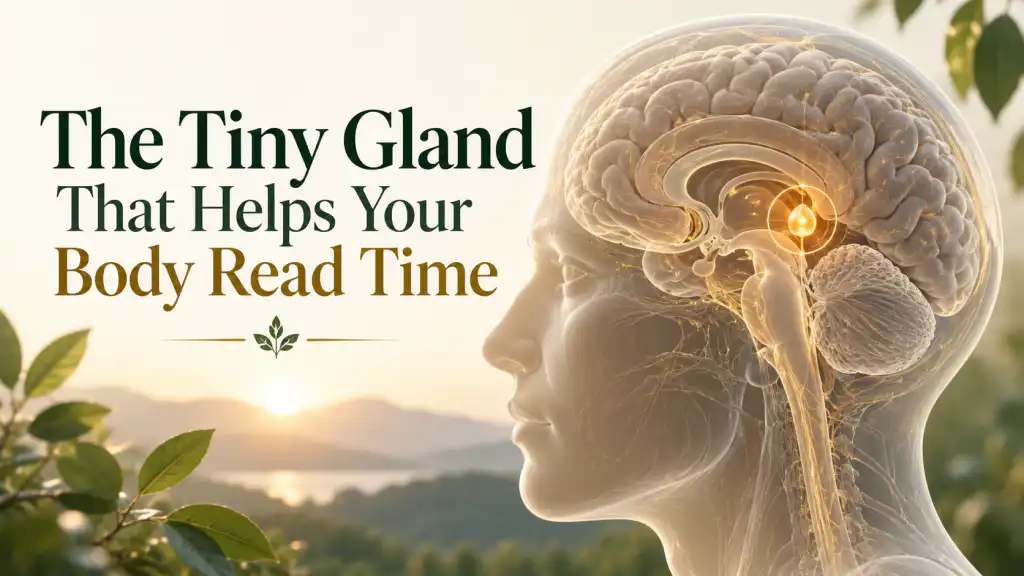 The Pineal Gland: The Body’s Bridge Between Light, Time, and Brain Health Human brain with the pineal gland highlighted in gold; text reads The Tiny Gland That Helps Your Body Read Time.