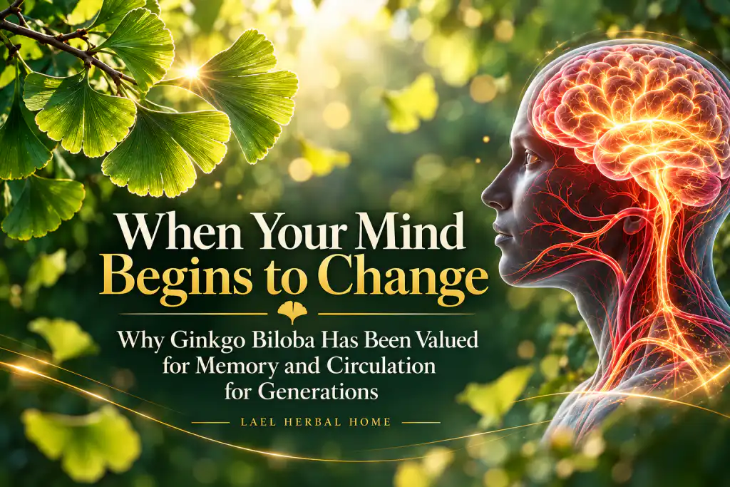 When Your Mind Begins to Change: Why Ginkgo Biloba Has Been Valued for Memory and Circulation for Generations Ginkgo biloba leaves with illuminated blood vessels leading to the brain; text reads When Your Mind Begins to Change: Why Ginkgo Biloba Has Been Valued for Memory and Circulation for Generations