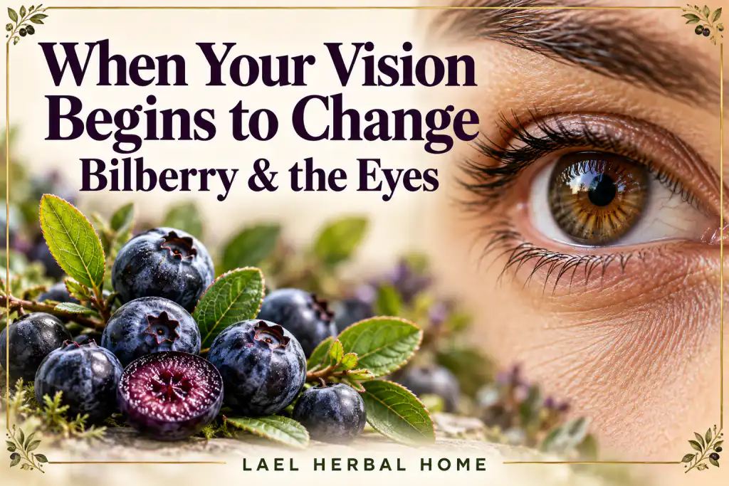When Your Vision Begins to Change: Why Bilberry Has Been Trusted for the Eyes for Generations Botanical artwork pairing dark bilberries, a cut berry with purple flesh, green leaves, and a close-up brown human eye, with the headline When Your Vision Begins to Change: Bilberry & the Eyes.