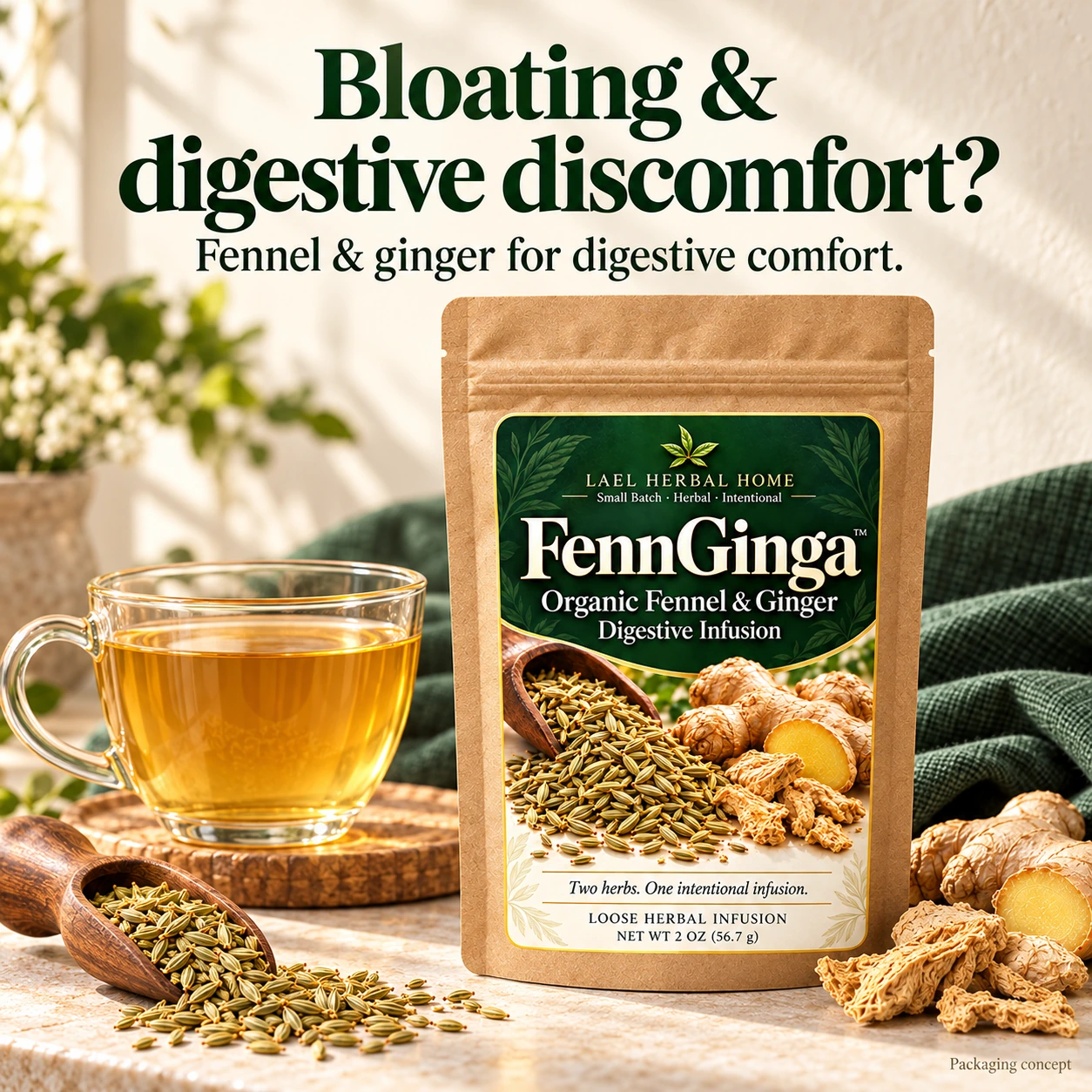 FennGinga kraft pouch and herbal tea with the headline Bloating and digestive discomfort, and fennel and ginger for digestive comfort.