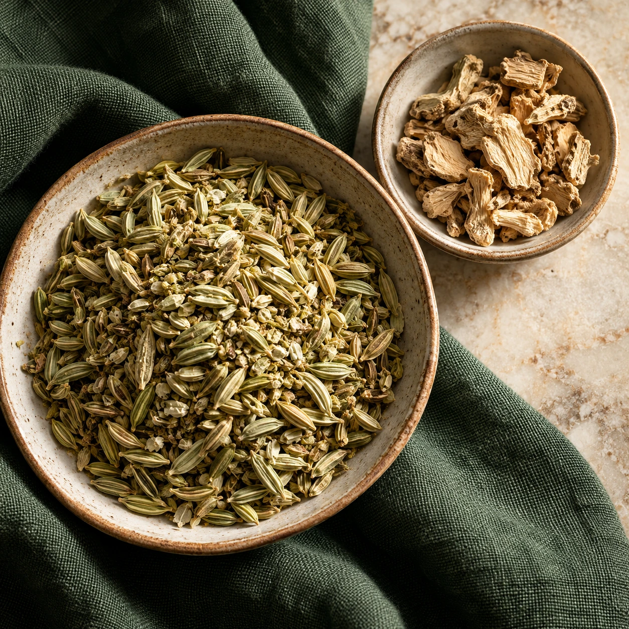 FennGinga — Fennel and Dried Ginger Detail v2 Lightly crushed fennel seeds and cut dried ginger root in ceramic bowls.