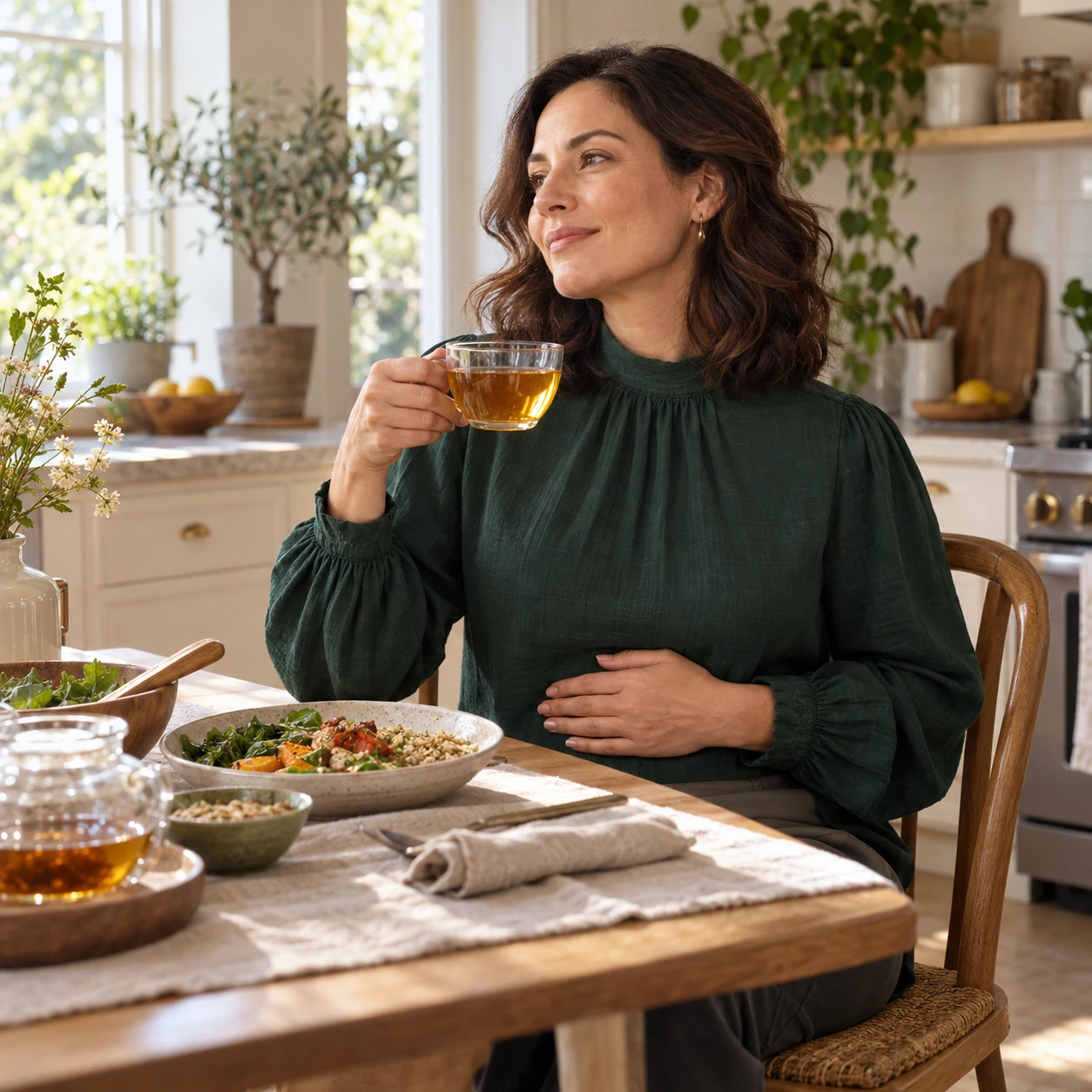 FennGinga — Digestive Comfort Lifestyle v2 Woman in a modest green blouse enjoying herbal tea at the kitchen table, with a hand resting over her clothed midsection.