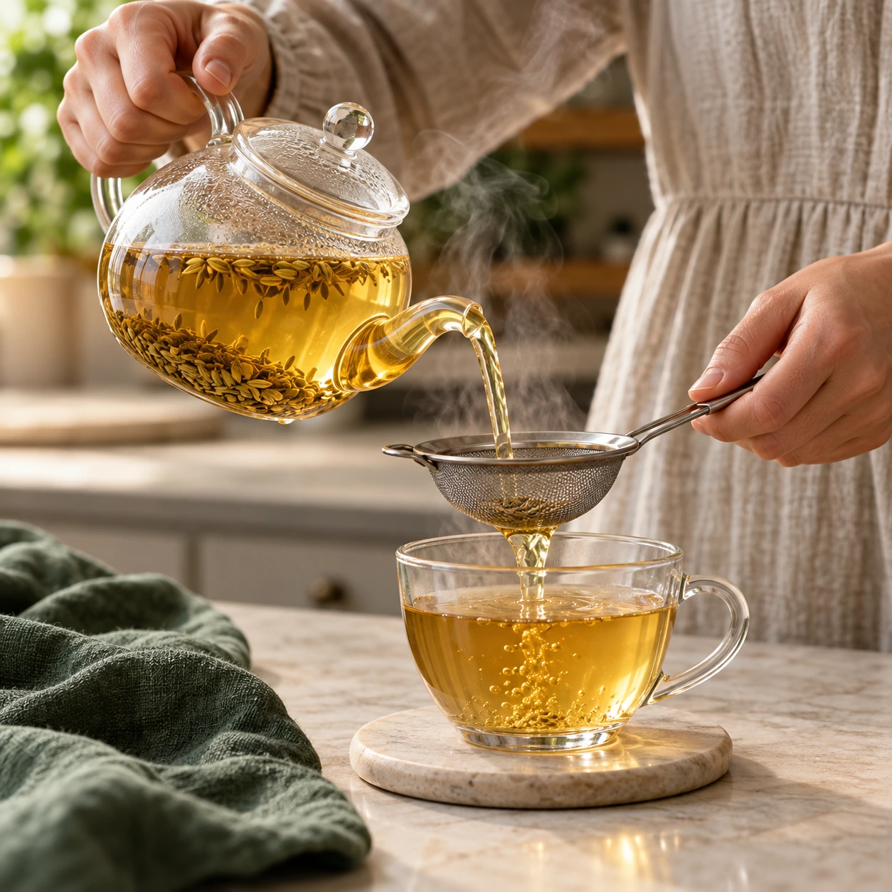 FennGinga — Straining Herbal Infusion v2 Hands straining a golden fennel and ginger infusion into a glass cup.