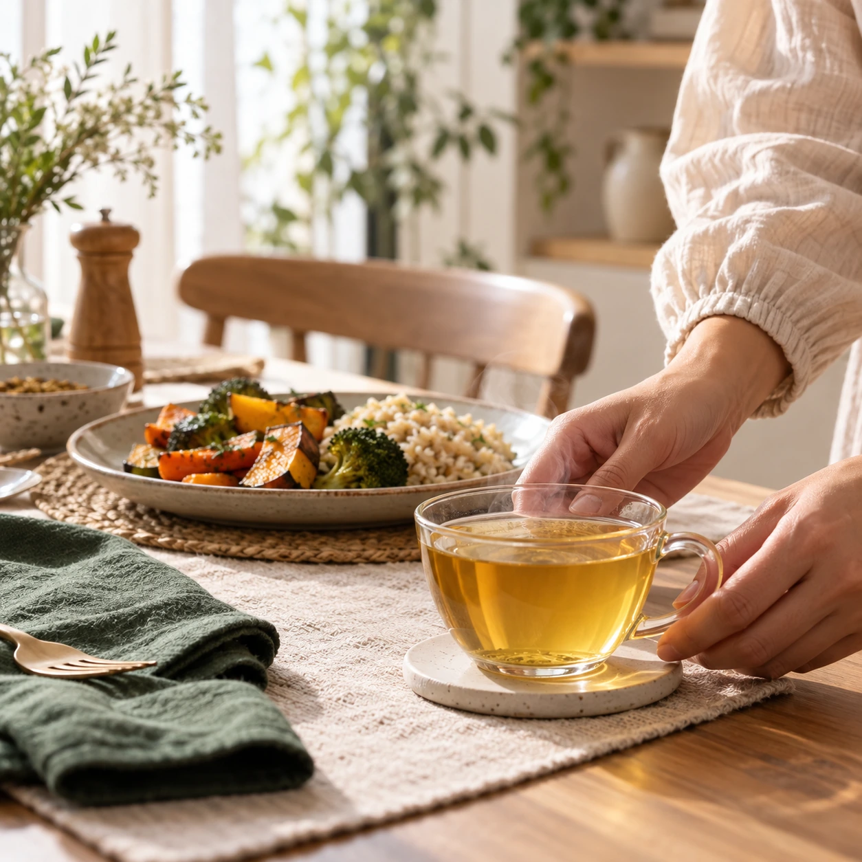 FennGinga — Before-meal Tea Serving v2 Hands setting a cup of golden herbal infusion beside a meal.