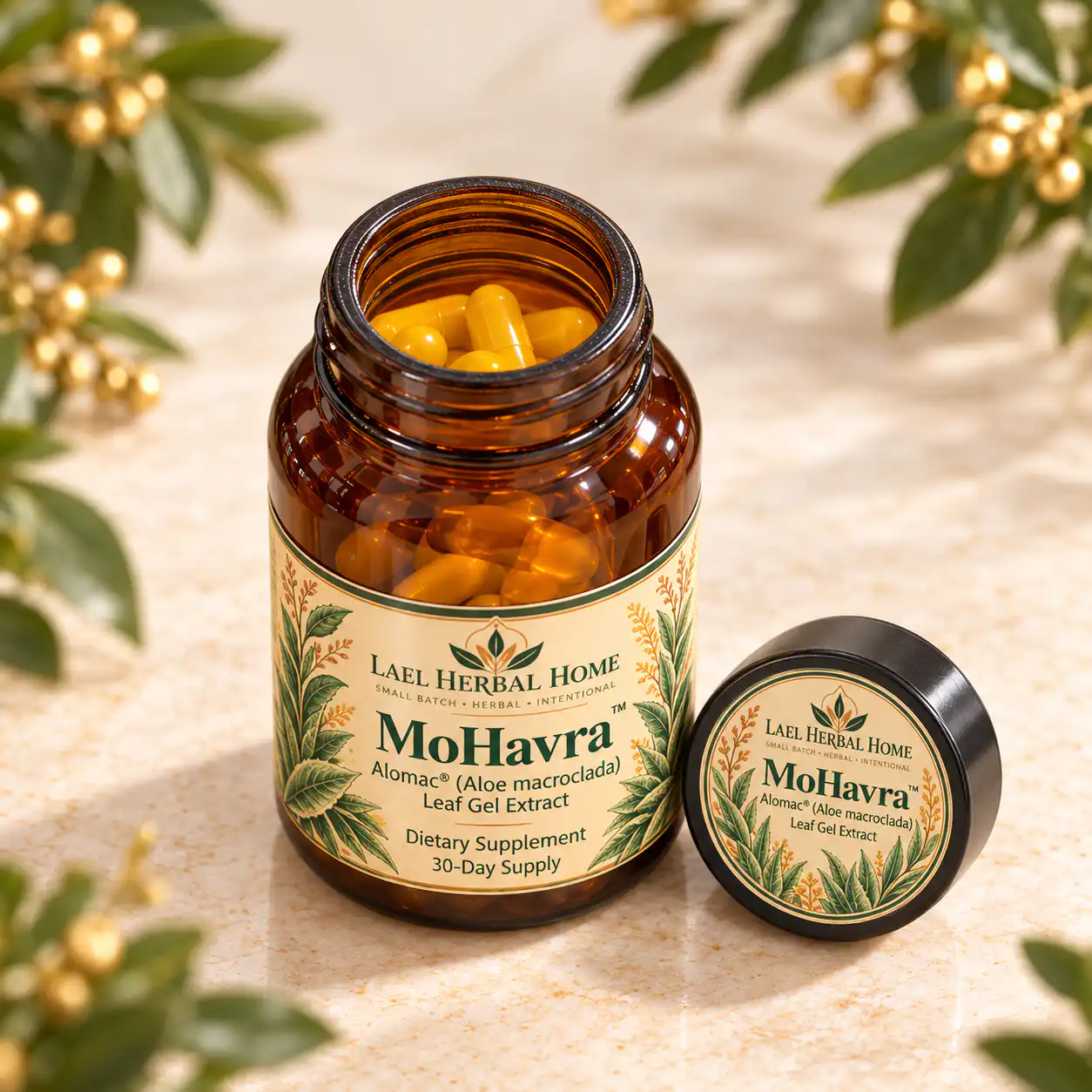 Open amber MoHavra bottle showing capsules with its labeled black cap beside it.
